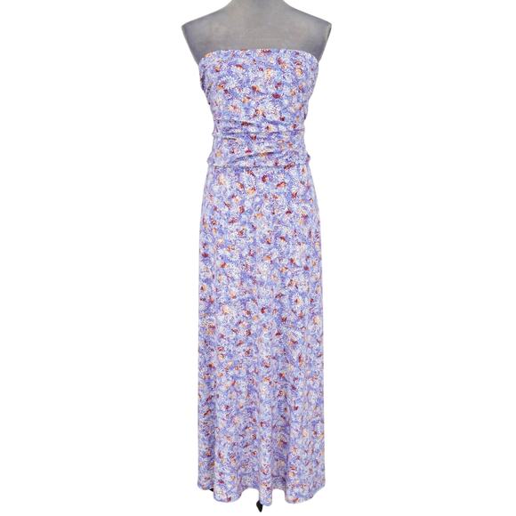 J Jill Dress Womens Medium Maxi Blue Lavender Floral Strapless Stretch Knit - Picture 1 of 12